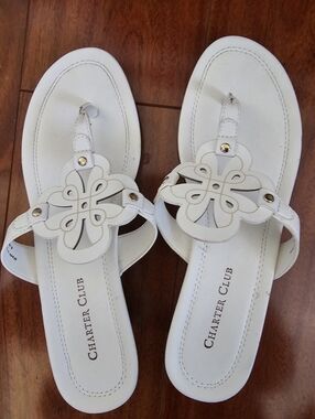 Charter Club White Leather Cutout Medallion Thong Sandals